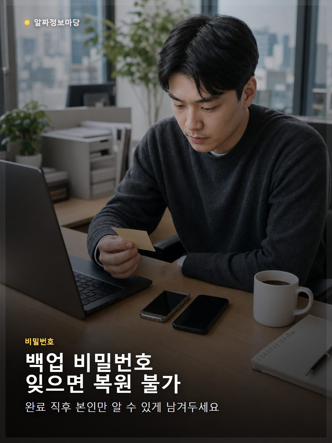 카카오톡 백업 비밀번호를 새 휴대폰 복원 전에 메모로 확인하는 모습