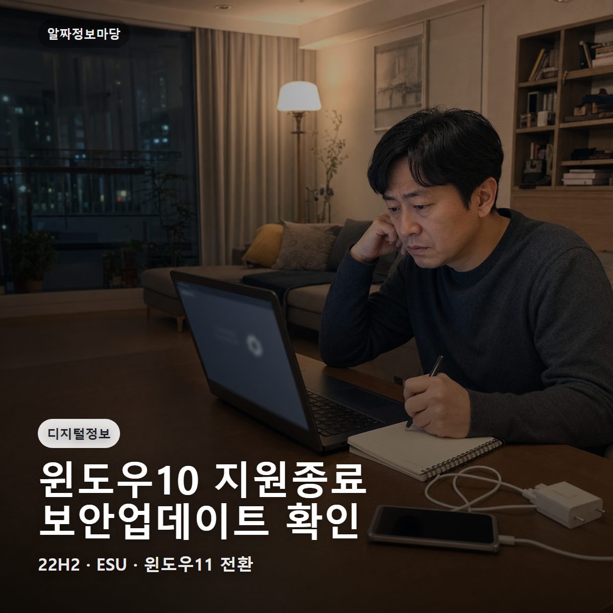 한국 아파트 거실에서 윈도우10 지원종료 보안업데이트를 확인하는 사용자
