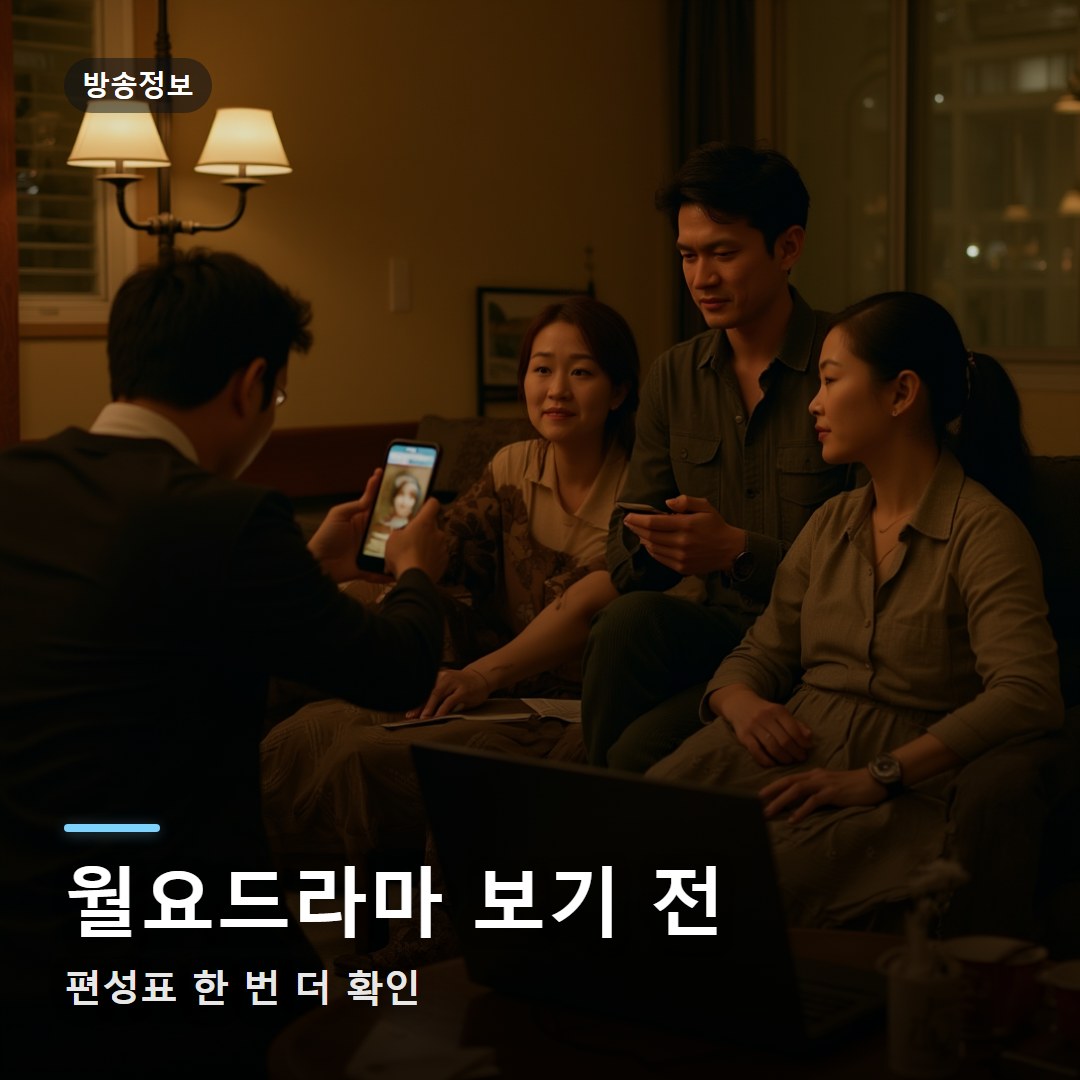 가족이 거실에서 KBS 월요드라마 편성표를 방송 직전에 확인하는 장면