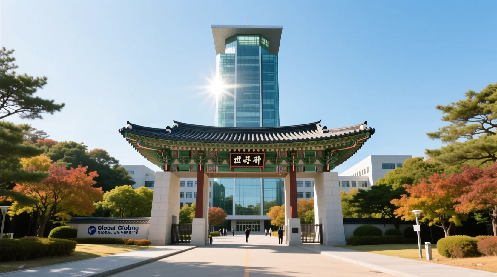 한동대학교 캠퍼스. 대학 건물과 경내 풍경이 보이는 포항의 한동대학교
